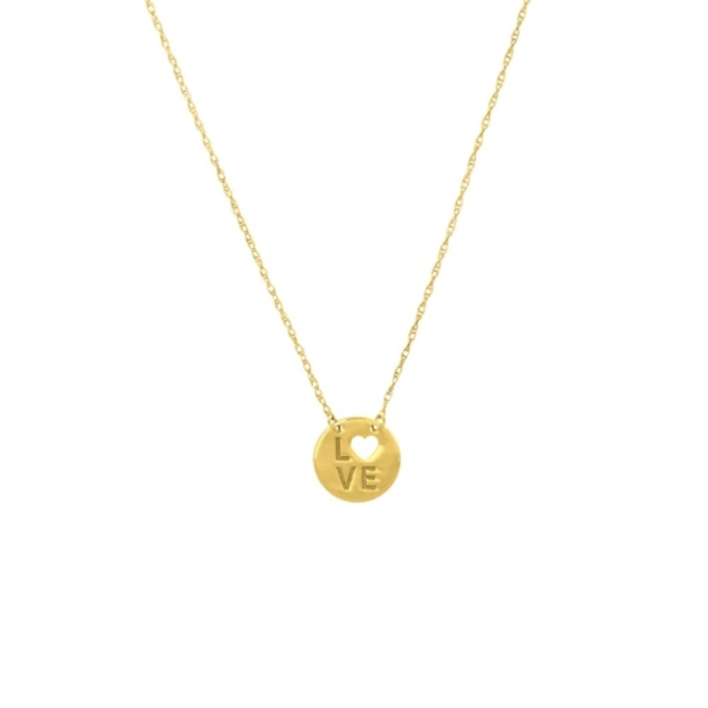 14K Solid YellowGold Mini Disk Disc Heart Love Necklace